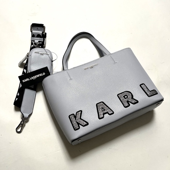 Karl Lagerfeld Tote Satchel Bag Gray Rhinestone Logo + Pouch Crossbody NWT $230 - Picture 3 of 9